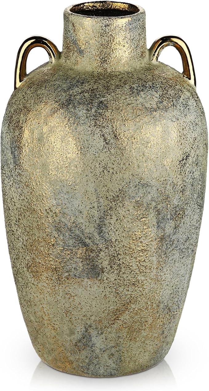 Large Ceramic Vase, 13.7" Tall Rustic Farmhouse Vase, Vintage Flower Vase with 2 Ears, Electroplated Terracotta Rustic Vases for Home, Living Room, Shelf, Mantel, Entryway, Wedding, Table Centerpiece