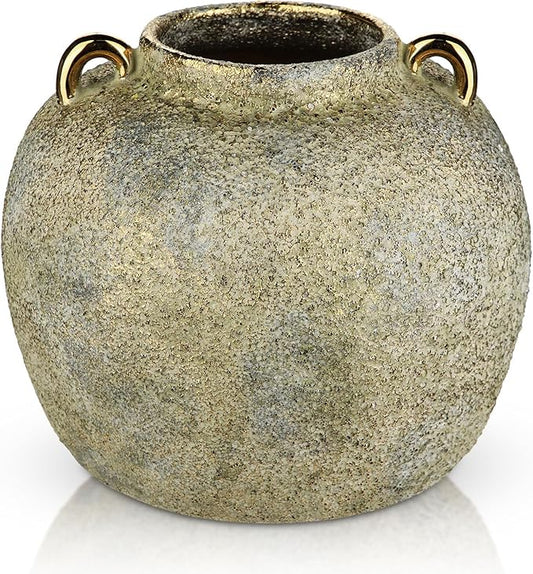 7.9" Vintage Farmhouse Vase, Rustic Ceramic Flower Vase with 2 Ears, Electroplated Terracotta Boho Vases Decor, Decorative Vases for Home Decor, Living Room, Mantel, Entryway, Wedding, Tabletop Decor