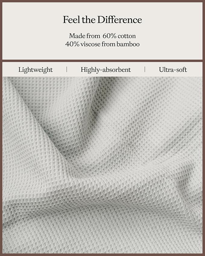Cozy Earth Complete Waffle Bath Bundle - 60% Cotton 40% Viscose from Bamboo - Quick Dry & Ultra-Soft Waffle Weave Bath Towels - 4 Washcloths, 2 Hand Towels, 2 Bath Towels, 2 Bath Sheets, Light Grey