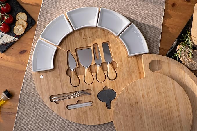 ChefSofi Charcuterie Cheese Board and Platter Set - Made from Bamboo Wood - US Patented 16 inch Cheese Cutting Board and Knife for Entertaining and Serving - 4 Knives - 5 Bowls - 2 Markers - 4 Forks