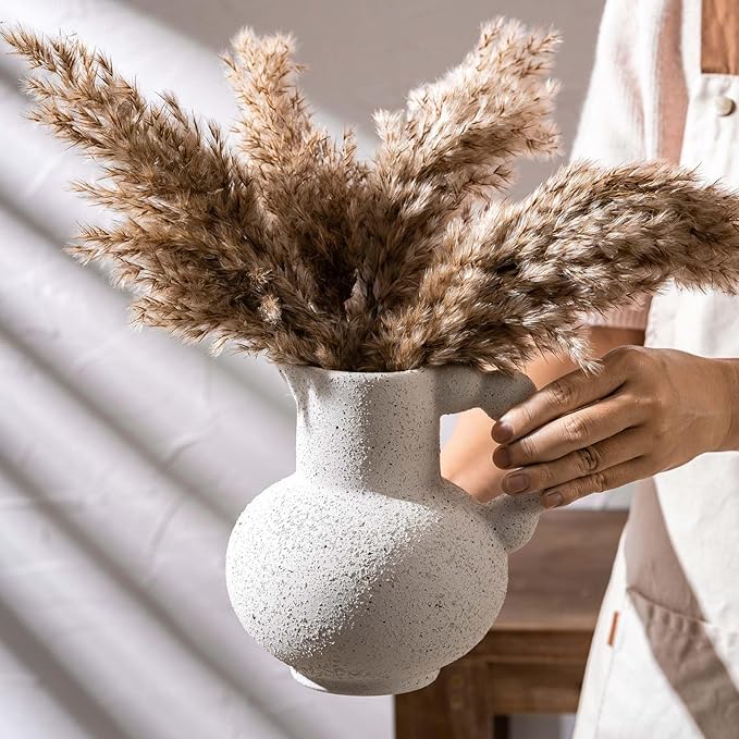 Rustic Farmhouse Flower Large Ceramic Vase, Vintage Pampas Grass Vases, Antique White Decorative Ceramic Flower Vase for Home Decor, Table, Living Room, Entryway, Wedding - Distressed Design, 6.9 Inch