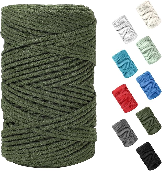 HOMEBOBO Macrame Cord 5mm x 109Yards (328Feet)Natural Cotton Macrame Rope - 4 Strands Twisted Macrame Cotton Cord for Wall HangingPlant HangersCraftsGift Wrapping and Wedding DecorationsArmy Green