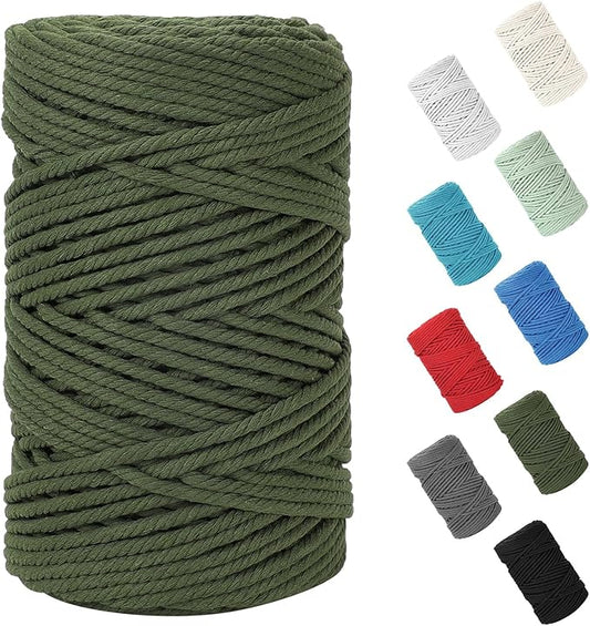 HOMEBOBO Macrame Cord 5mm x 109Yards (328Feet)Natural Cotton Macrame Rope - 4 Strands Twisted Macrame Cotton Cord for Wall HangingPlant HangersCraftsGift Wrapping and Wedding DecorationsArmy Green