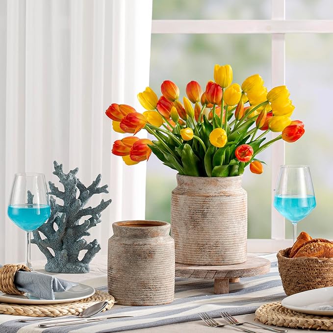 Ceramic Flower Vase 7.5 inch Farmhouse Rustic Vase for Home Decor Handcrafted Pottery Terracotta Vases for Dining Table Decor Fireplace Living Room Bathroom Wedding Centerpiece (L-Terracotta)