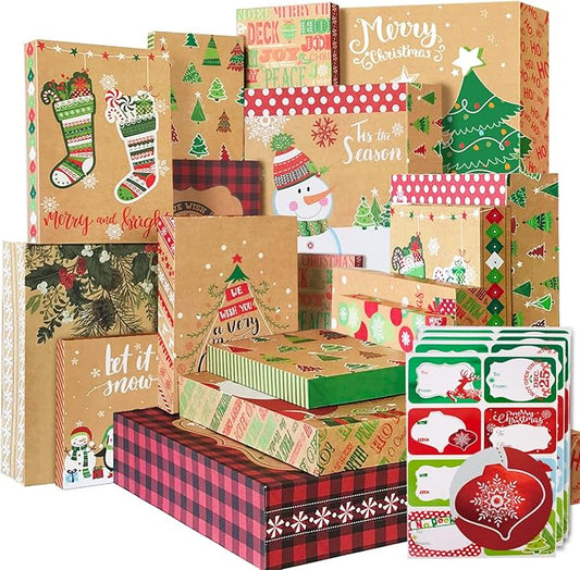 12 Kraft Christmas Gift Boxes with Lids for wrapping Large Clothes and 80 Foil Christmas Gift Stickers (Assorted size for wrapping Robes, Sweater, Coat, Shirts and Clothes xmas Holiday Present)