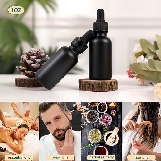 48 Pack,1oz Glass Dropper Bottle, Frosted Black Tincture Bottles with Dropper,Pretty Finish for All Kinds of Liquids,Oil Bottles for Hair- Stronger Suction ideal for Leakproof Travel