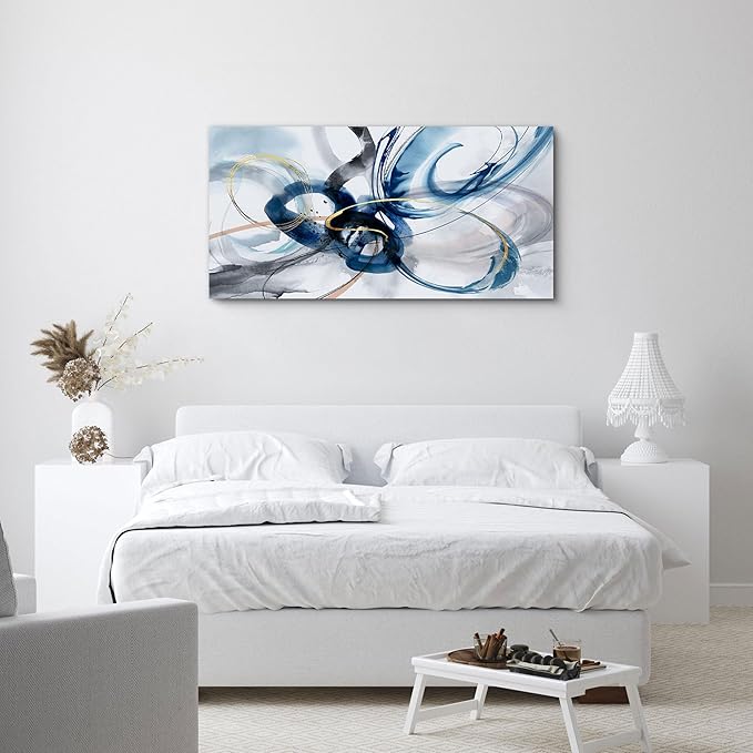 yiijeah Abstract Wall Art - Blue and White Pictures Wall Decor Living Room Canvas Artwork 40x20 Inches Modern Home Decor Bedroom Aesthetic