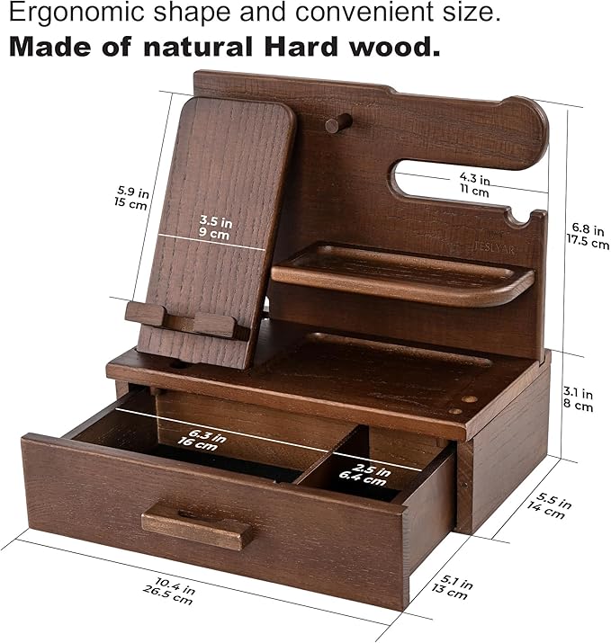 TESLYAR Wood Phone Docking Station with Drawer - Nightstand Organizer - Desk Organizer for Husband - Birthday Gifts for Men, Dad, Anniversary Idea, Key Holder Stand Watch & Accessories (Antique Brown)