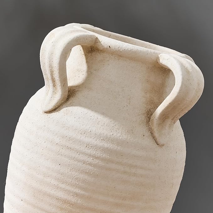Handmade Ceramic Vase with 4 Handles, 10.83" Tall Farmhouse Rustic Vase, Decorative Pottery Flower Vases for Home Decor, Wedding, Living Room, Table, Shelf Decor, White