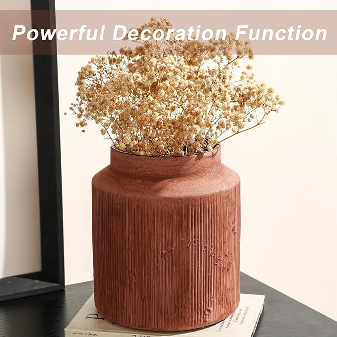 Farmhouse Vase for Home Decor, Vintage Rustic Terracotta Flower Vase Suitable for Home Decor, Living Room, Shelf, Dining Table. Rust Red 7IN.