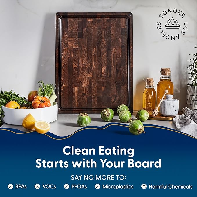 Sonder Los Angeles Alfred Cutting Board Made in USA | Black Walnut End Grain Cutting Board with Non-Slip Feet, Juice Groove, Sorting Compartments | Gift Box Included | 17x13x1.5 in