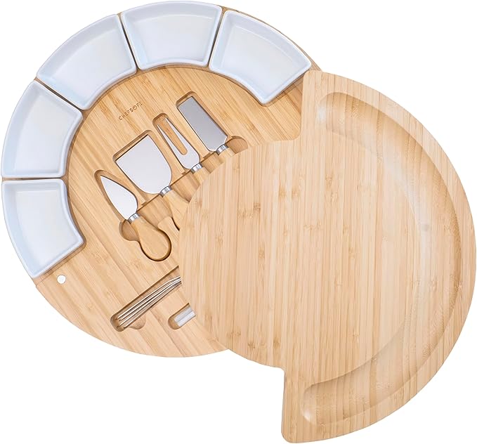 ChefSofi Charcuterie Cheese Board and Platter Set - Made from Bamboo Wood - US Patented 16 inch Cheese Cutting Board and Knife for Entertaining and Serving - 4 Knives - 5 Bowls - 2 Markers - 4 Forks