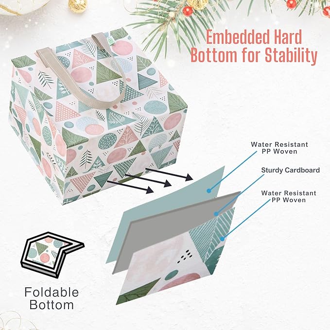 VENO 4 Pack Christmas Reusable Grocery Bags, Heavy-Duty Shopping Bags with Handles, for Shopping Cart with Hard Bottom to Stand Upright, Foldable (Pastel Forest, 4 Pack)