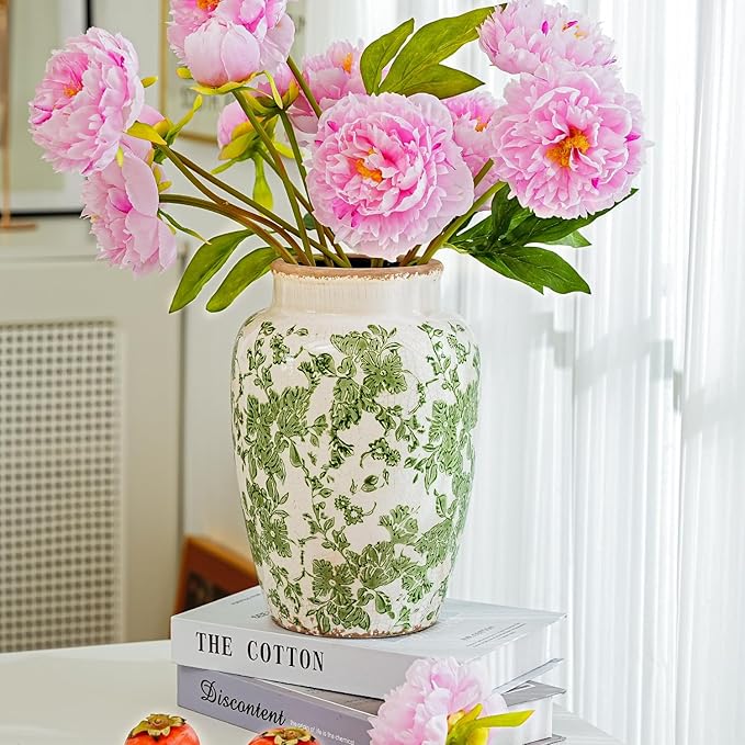 Sungmor Ceramic Flower Vase, Vintage Ice Cracked Glaze Porcelain Vase, Pretty Home Decor Vase for Flower Arrangement, Fresh Flowers, 10.2 Inch Tall Chinoiserie Pottery Vase, Green Floral Pattern