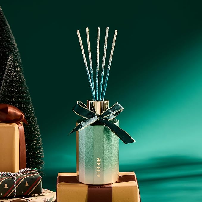 Airkeep Reed Diffuser Set - Balsam & Cedar Christmas Reed Diffuser with 8 Reed Sticks - Scented Oil Diffuser for Home & Office Diffuser Bathroom Shelf Decor - Ideal Gift for Holidays 7.1oz