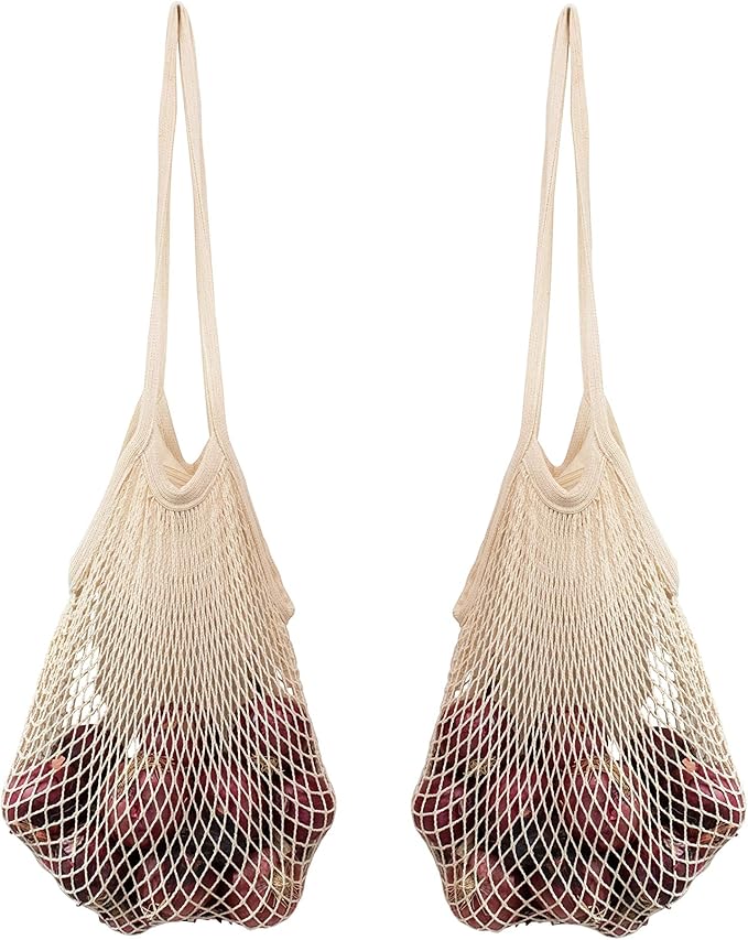 Cotton Mesh Onion Storage Bags - 100% Cotton, Reusable, and Washable Mesh Bags for Storing Potatoes, Onions, Garlic, and Other Root Vegetables - Foldable, Lightweight, and Airy Breathable (2 Totes)