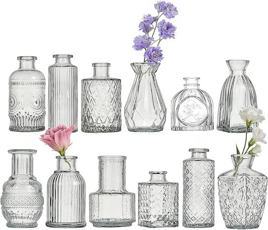 Glass Bud Vase Set of 12 Pcs Small Minimalist Vases for Flowers, Vintage Rustic Home Decor for Table Centerpiece Wedding Party, Modern Clear Aromatherapy Bottle for Living Room Bedroom