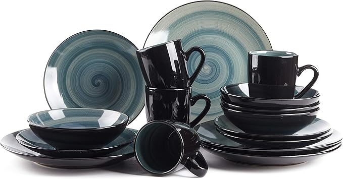 Sonoma 16 Piece Stoneware Dinner Set, Outside Black + inside Handpainted Color Blue