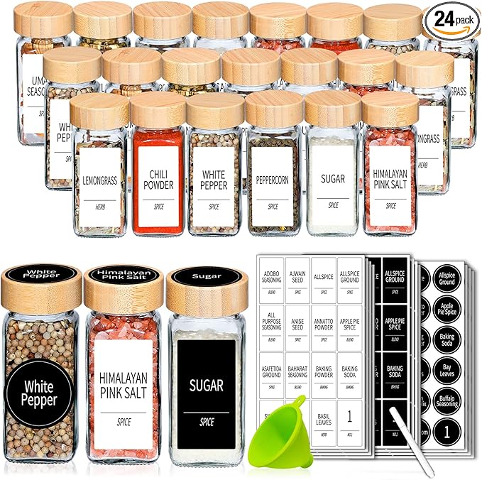 Churboro 24 Spice Jars with Labels & Bamboo Lids - 4 Oz Glass Containers with Shaker Lids, 547 Spice Labels of 3 Different Types Seasoning Jars for Spice Rack, Cabinet, or Drawer