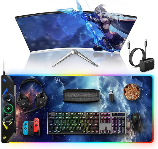 TopMade Wireless Charging Mouse Pad, RGB Gaming Mousepad, 35.4" x 15.8" Extra Large Waterproof Keyboard Desk Pad, Computer Desk Mat, Blue Nebula (Includes 20W PD Power Adapter & 6.56ft Woven Cable)