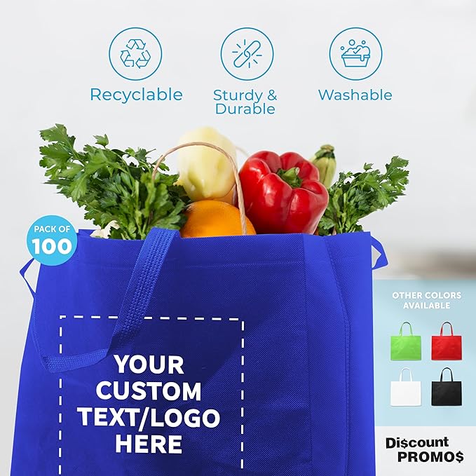 DISCOUNT PROMOS Custom Jumbo Sized Tote Bags Set of 100, Personalized Bulk Pack - Reusable Grocery Bags, Shopping Bags, Promotional Item Totes for Women - Blue