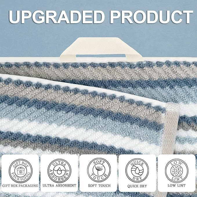 VOOVA & MOVAS Towel Set for Bathroom - 100% Cotton, Quick Dry, Thick, 3 Piece Towel Set, 1 Stripe Large Bath 30"x54", 1 Blue Hand 18"x28",1 Grey Washcloth 13"x13", Bathroom Essentials