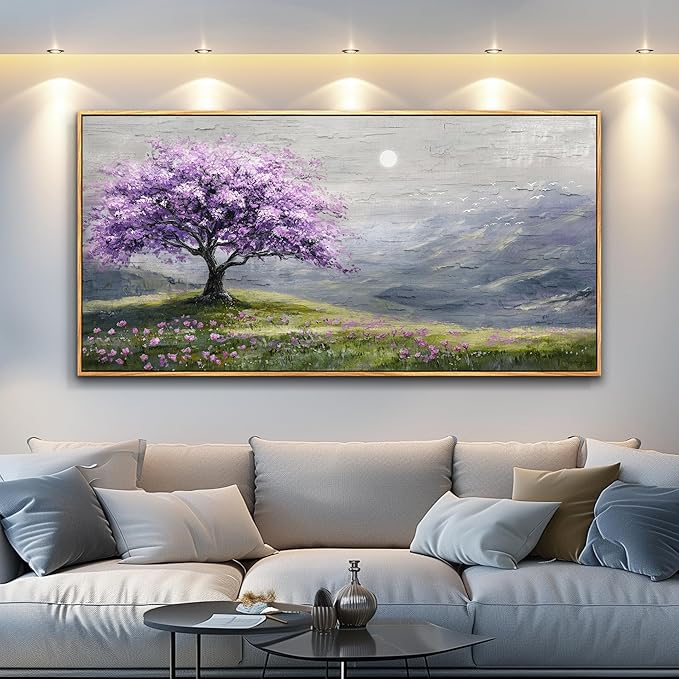 FUHAIHUA Large Wood Framed Wall Decor For Living Room Canvas Wall Art For Office Modern Wall Decorations For Bedroom Purple Tree Painting Farmhouse Pictures Artwork Room Home Decor 24x48 In