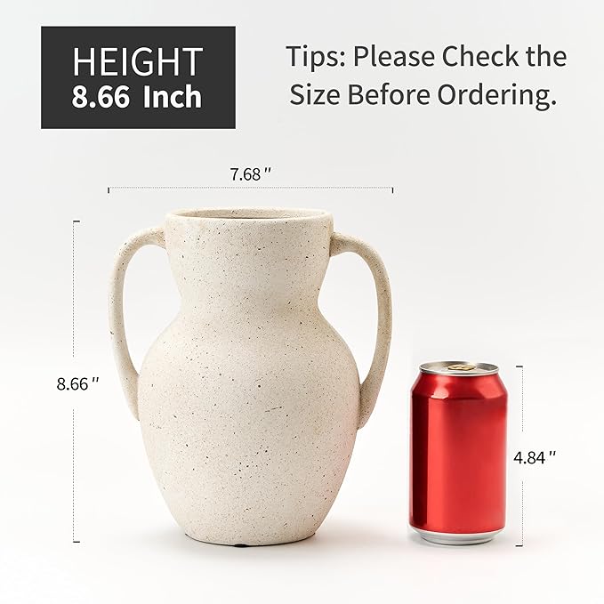 White Ceramic Rustic Vase with 2 Handles, Farmhouse Round Flower Vase, Vintage Terracotta Vases for Home Decor, Wedding, Living Room, Table, Shelf Decor - 8.6 Inch Tall, Speckled White