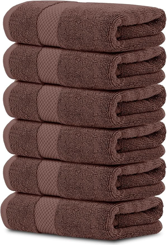 White Classic Luxury Brown Hand Towels - Soft 100% Turkish Cotton | Highly Absorbent Hotel spa Bathroom Towel Collection | 16x30 Inch | Set of 6
