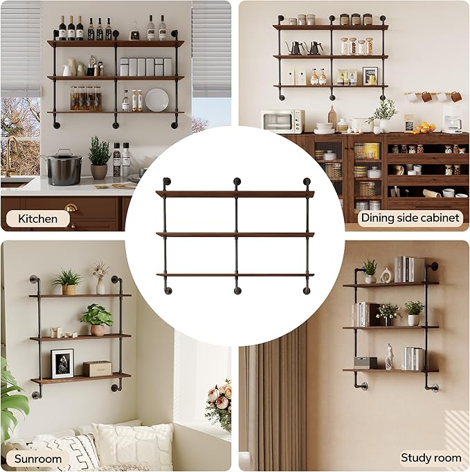 3-Tier Industrial Pipe Floating Shelf – Rustic 48 inch Wood Wall-Mounted Storage Shelf for Kitchen Office,Bathroom & Home Decor -Walnut