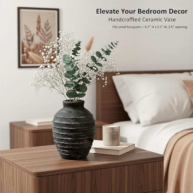 6.6-Inch Black Ceramic Flower Vase, Rustic Farmhouse Boho Pottery Decor for Table, Living Room & Shelf