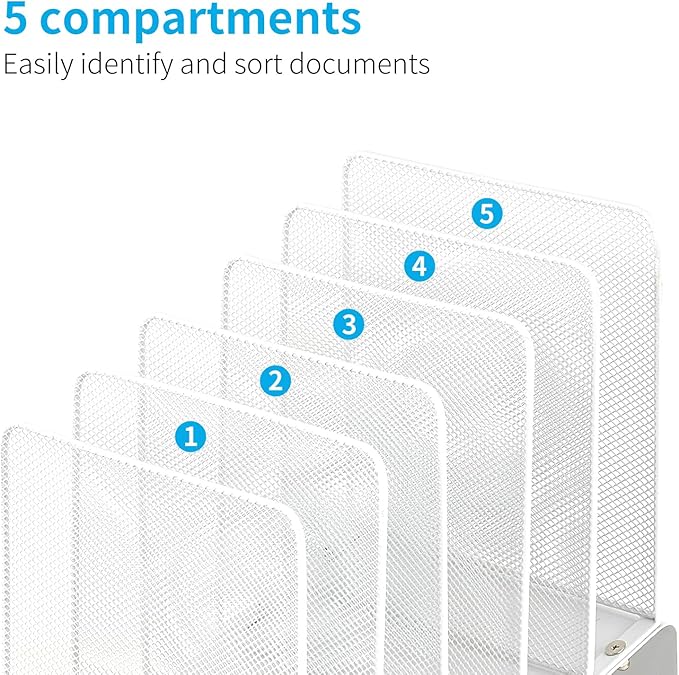 File Organizer for Desk, Desk Organizer with 5-Section Vertical File Rack, File Folder Organizer, Desk Accessories & Workspace Organizers(White)