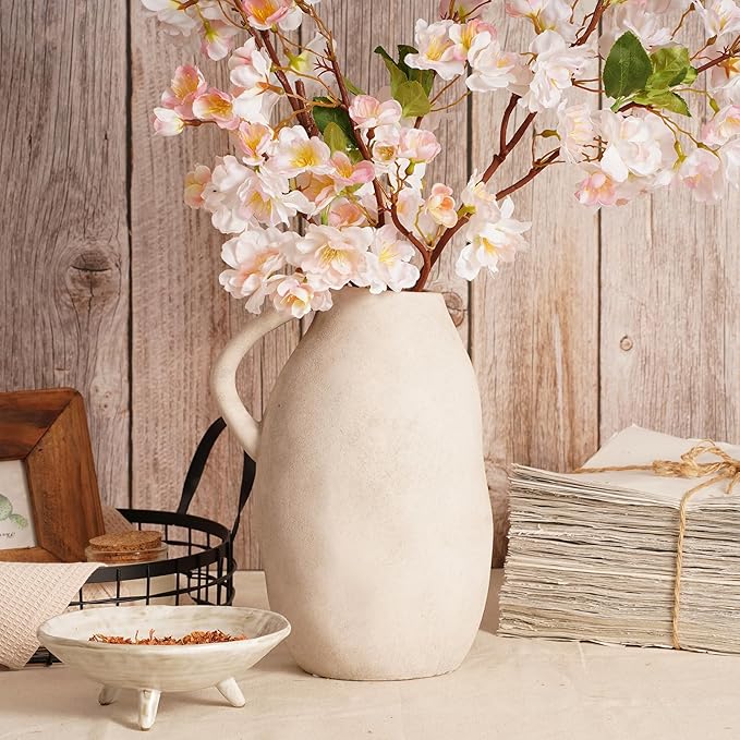 White Ceramic vase with Handle, Distressed Cement Texture, Boho Terracotta Large Pottery 10inch Tall, Rustic Farmhouse Decorative vases for Centerpieces, Unique Stoneware Jug for Flowers