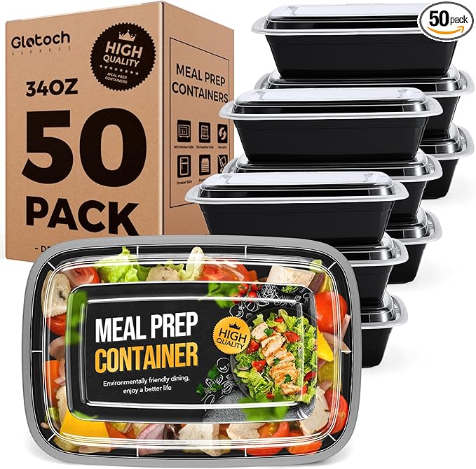 100-Piece (50-Pack) 34 OZ Meal Prep Containers Reusable with Lids, Sturdy Leakproof & Food Safe, Microwave, Freezer, Dishwasher Safe To Go Food Containers, Plastic Take Out Containers, Black