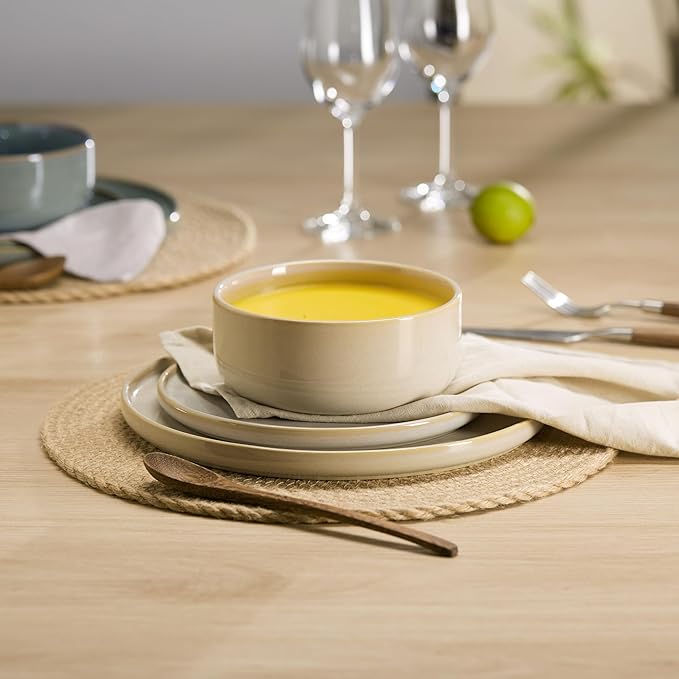 Dinnerware Set, 12 Piece, by Vase and Vessel, Ceramic 10.5” Dinner Plates, 8.2” Salad Plates and 25 oz Soup Bowls, Stoneware, Microwave and Dishwasher Safe, 12 Piece Set, Beige, Somerset Collection