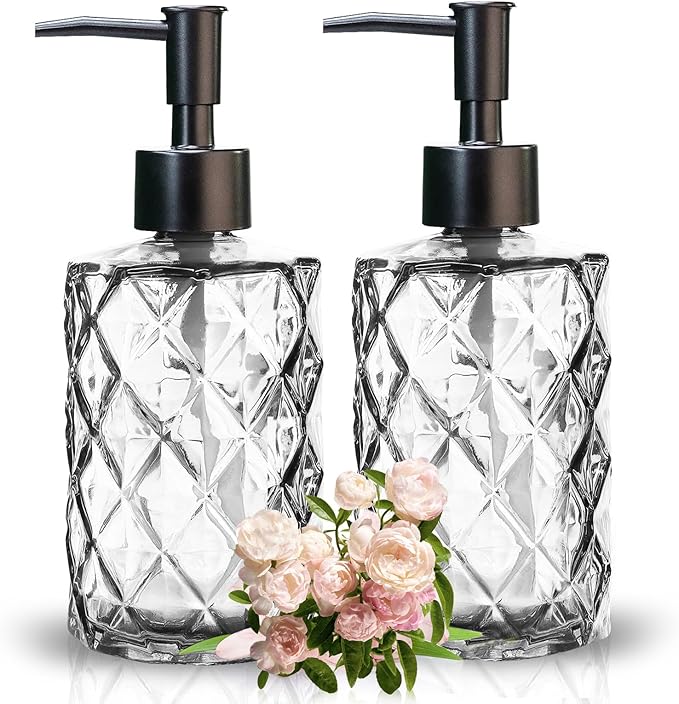 2Pcs Clear Glass Soap Dispenser with Pump, 11oz Diamond Design Refillable Soap Dispenser for Hand Wash, Dish Wash for Dishwashing Liquid, Lotions, Essential Oil
