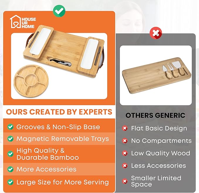 Bamboo Charcuterie Boards Gift Set with Magnetic Removable Side Trays, Fruit Tray, Handles, Cutlery-Ready Box & House Warming Gifts New Home