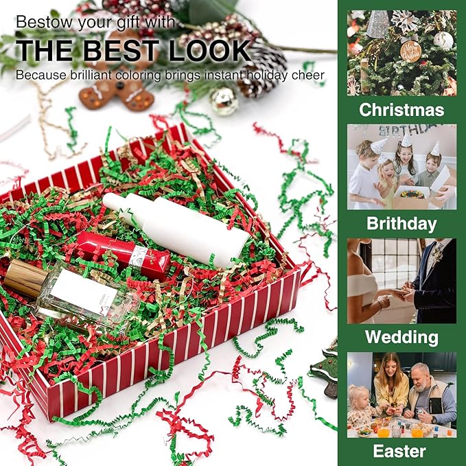 2LB Crinkle Cut Paper Shred Filler for Bag Gift Box Basket Confetti Paper Shreded Stuffing on Christmas Day Holiday(Green&Red&Kraft)