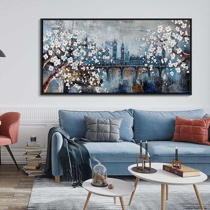 KLAKLA City Scenes Landscape Plum Blossom Picture Artwork for wall - Black Frame Large Wall Art for Living Room Abstract Wall Decor Bedroom Office Modern Home Decoration