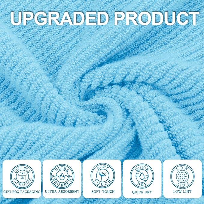 Towels for Bathroom - 100% Cotton | Quick Dry | Lightweight | Thick | Soft, Towel Set of 6, 2 Large Bath 30"x56", 2 Hand 18"x28", 2 Wash Cloths 13"x13", Luxury Towel Gift Set, Blue Towels Bathroom Set