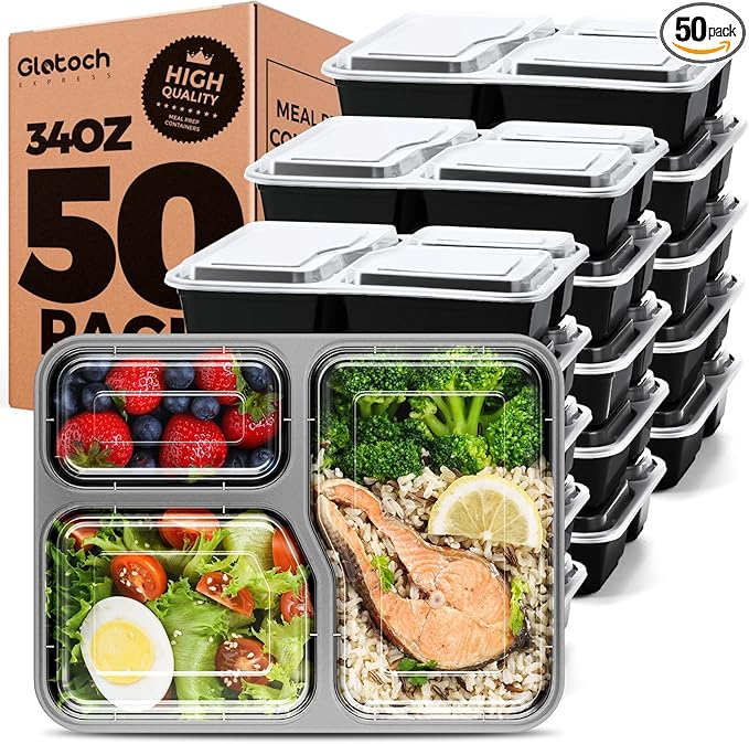 Glotoch 50 Pack (100-Piece) 34oz Meal Prep Containers Reusable with Lids 3-Compartment Containers Microwave, Freezer, Dishwasher Safe - Leakproof Durable To Go Take Out Plastic Food Storage