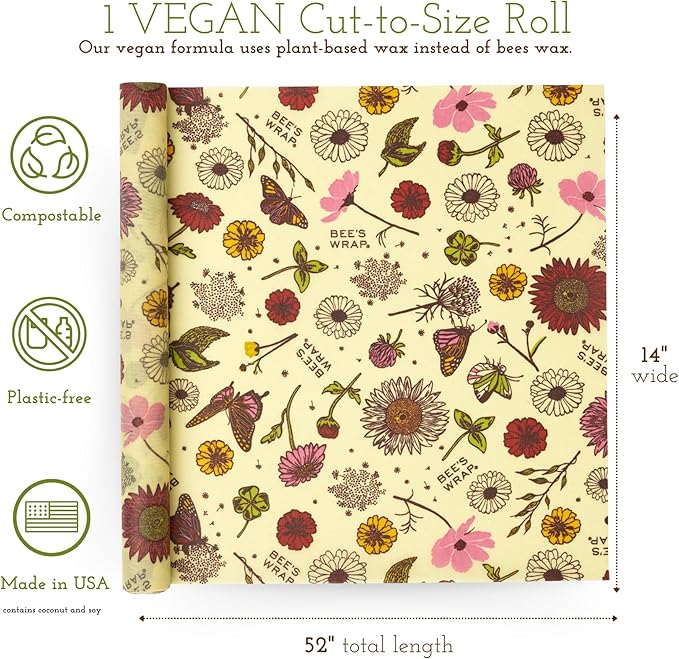 Bee's Wrap Vegan Beeswax Wraps for Food - Cut to Size 14x52" Wax Paper Roll, Made in USA Reusable Waxed Paper & Bowl Covers, Organic Eco-Friendly Alternative to Aluminum Foil, Meadow Magic
