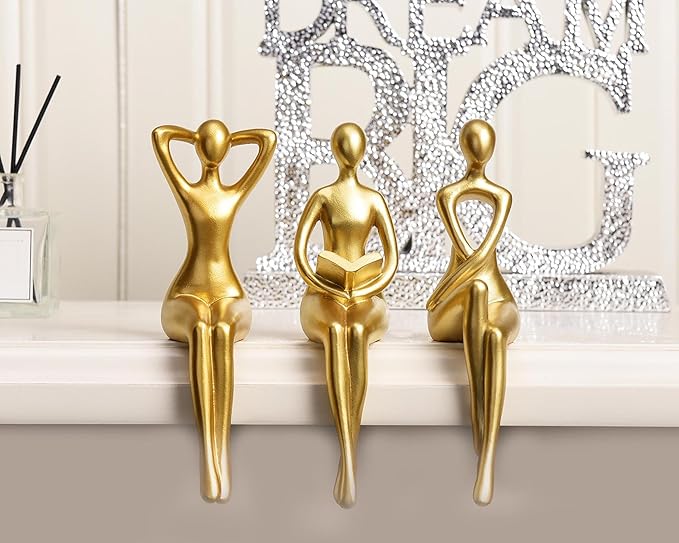 Quoowiit Gold Decor Thinker Statue Decor Book Shelf Decor, Abstract Statue Ornament Office Decor Modern Home Decor Decorations for Living Room Collectable Figurines Coffee Table Decor 3 Piece