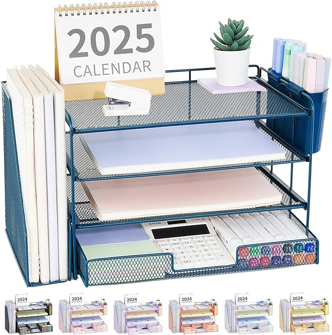 OPNICE Desk Organizer and Accessories, 4-Tier Desktop File Organizer with Drawer and 2 Pen Holders, Office Desk Accessories, File Sorters, Workspace Organizers for Office Supplies(Dark Blue)