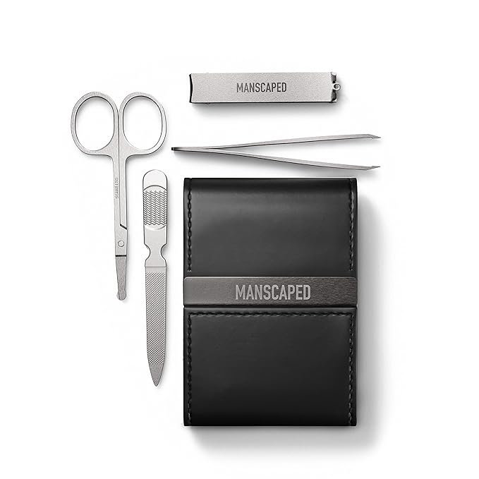 MANSCAPED® Shears 2.0 Tempered Stainless Steel Men's Nail Kit, Fingernail Clippers, Safety Scissors, Tweezers and Nail File, Travel Manicure Pedicure Set, 4-Piece Luxury Grooming Kit with Compact Case