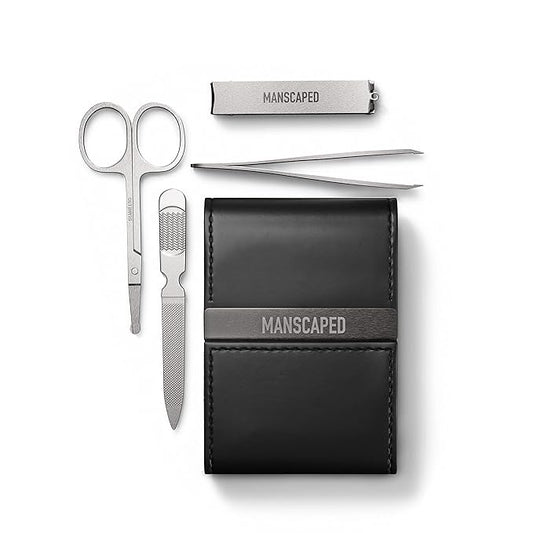 MANSCAPED® Shears 2.0 Tempered Stainless Steel Men's Nail Kit, Fingernail Clippers, Safety Scissors, Tweezers and Nail File, Travel Manicure Pedicure Set, 4-Piece Luxury Grooming Kit with Compact Case