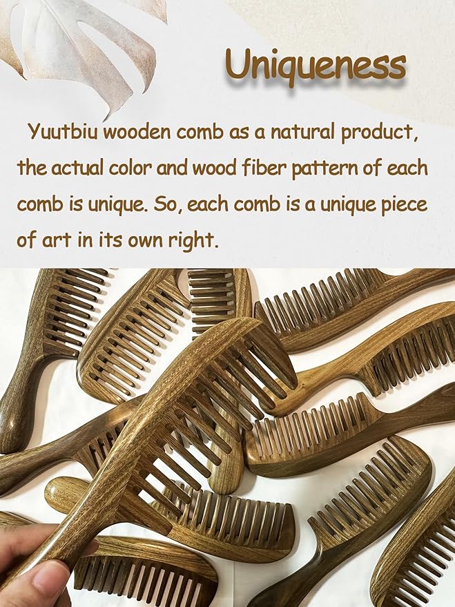 Green Sandalwood Wide Tooth Hair Comb with Handle - Detangling Brush for Curly/Coily Hair, Split Ends Repair & Gentle Scalp Care (Anti-Static Wooden Design)