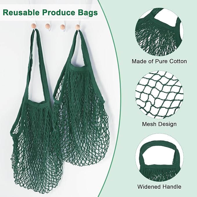 2-Pack Cotton Mesh Bag, Reusable Washable Mesh Net String Grocery Bags, Reusable Produce Bags with Handle, Net Tote Bag for Fruits Shopping [Dark Green, Long&Short Handle]