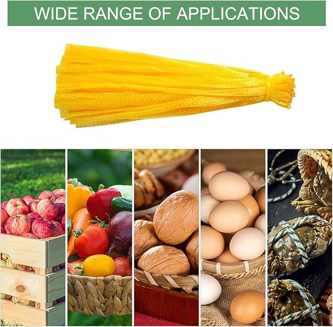 100Pcs Reusable Produce Plastic Mesh Bag,20 Inch Seafood Boil Bags，Kitchen Organizer Produce Packaging Supplies Net，Vegetable and Fruit Seafood Plastic Mesh Strap Storage Bag (Yellow)