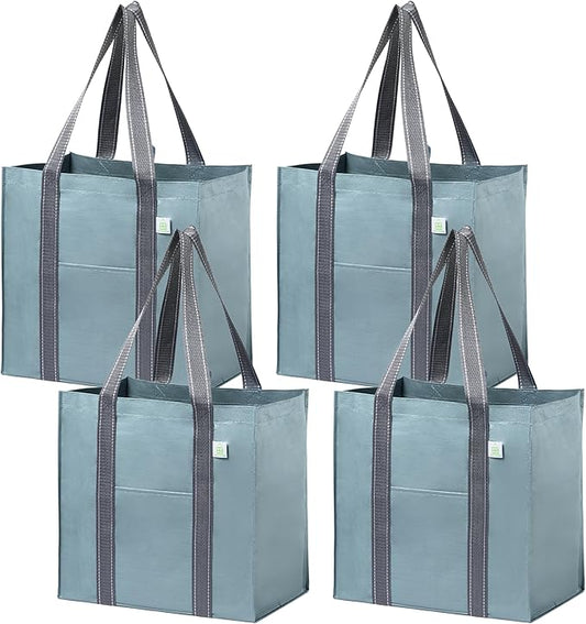 VENO 4 Pack Reusable Grocery Bags, Heavy-Duty Shopping Bags with Handles, Bags for Shopping Cart with Hard Bottom to Stand Upright, Foldable, Multi-Purpose(Light Blue, 4 Pack)